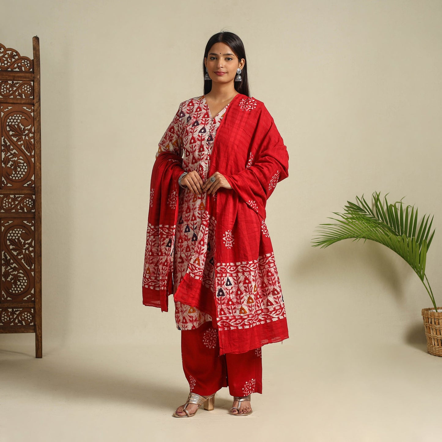 Buy Red Cotton Hand Batik Print Suit Set