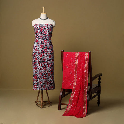 Pink - cotton hand kutch batik 3pc unstitched dress