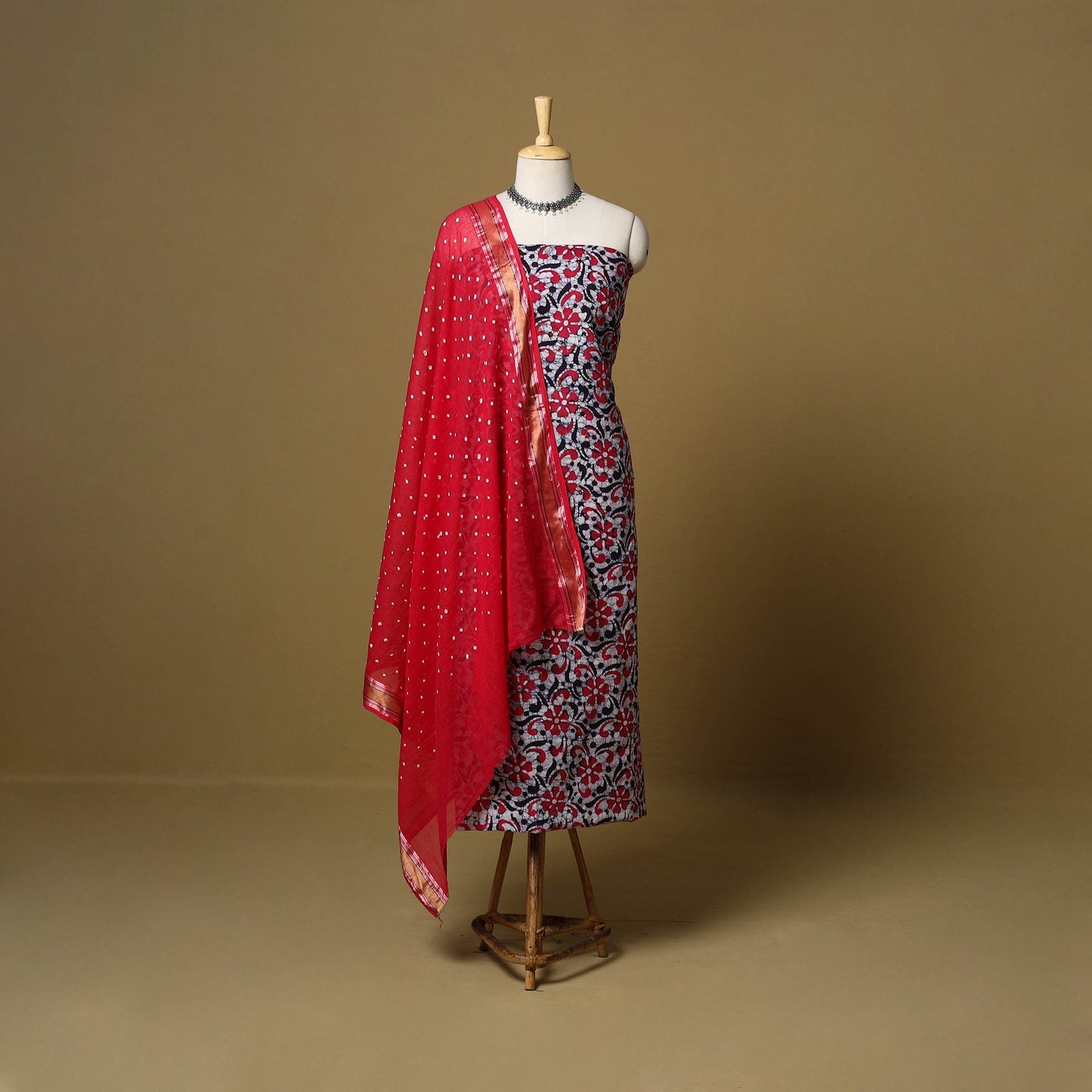 Pink - cotton hand kutch batik 3pc unstitched dress