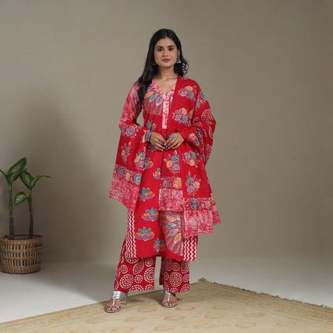 Red Cotton Indonesian Hand Batik Print Kurta Set (Set of 3)