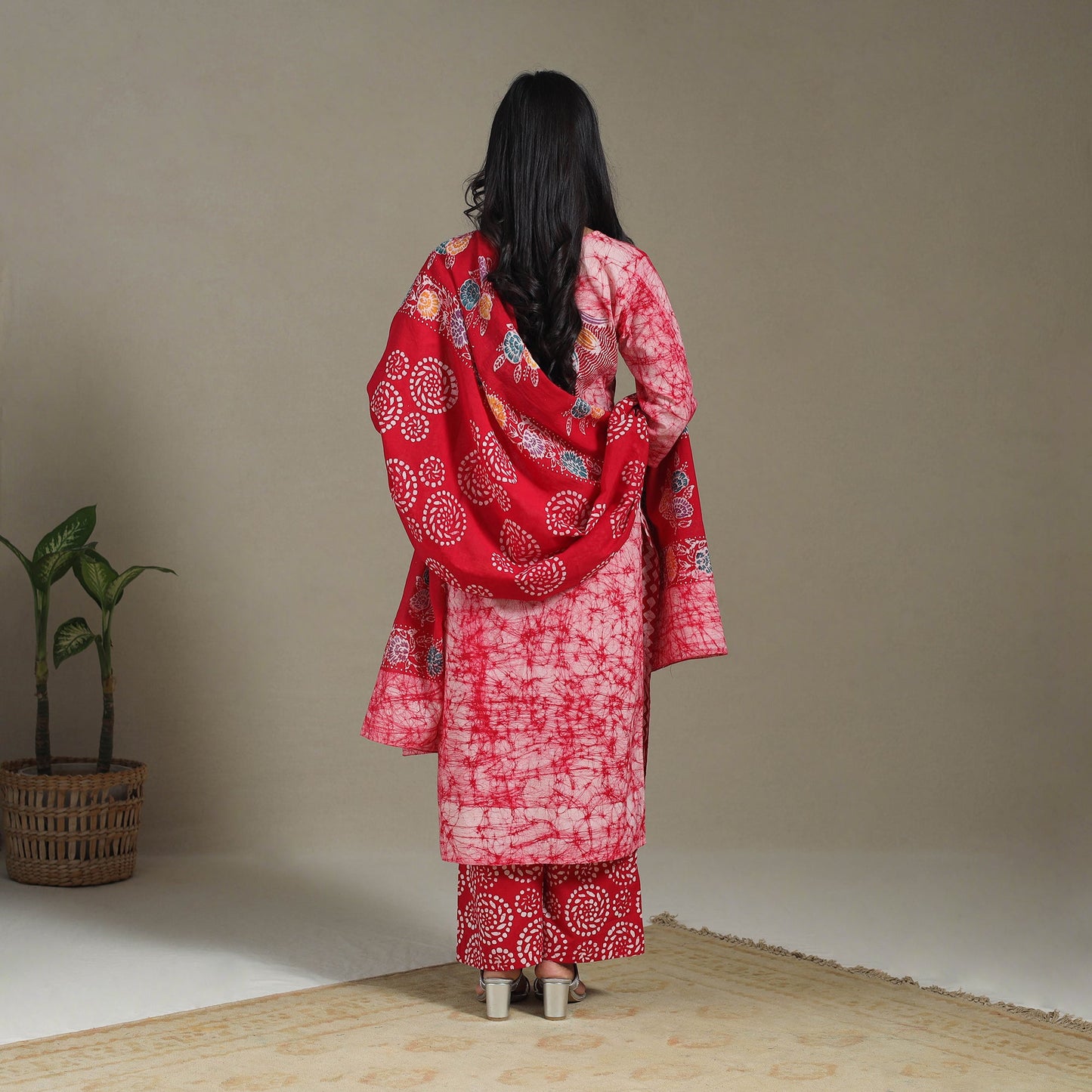 Red Cotton Indonesian Hand Batik Print Kurta Set (Set of 3)