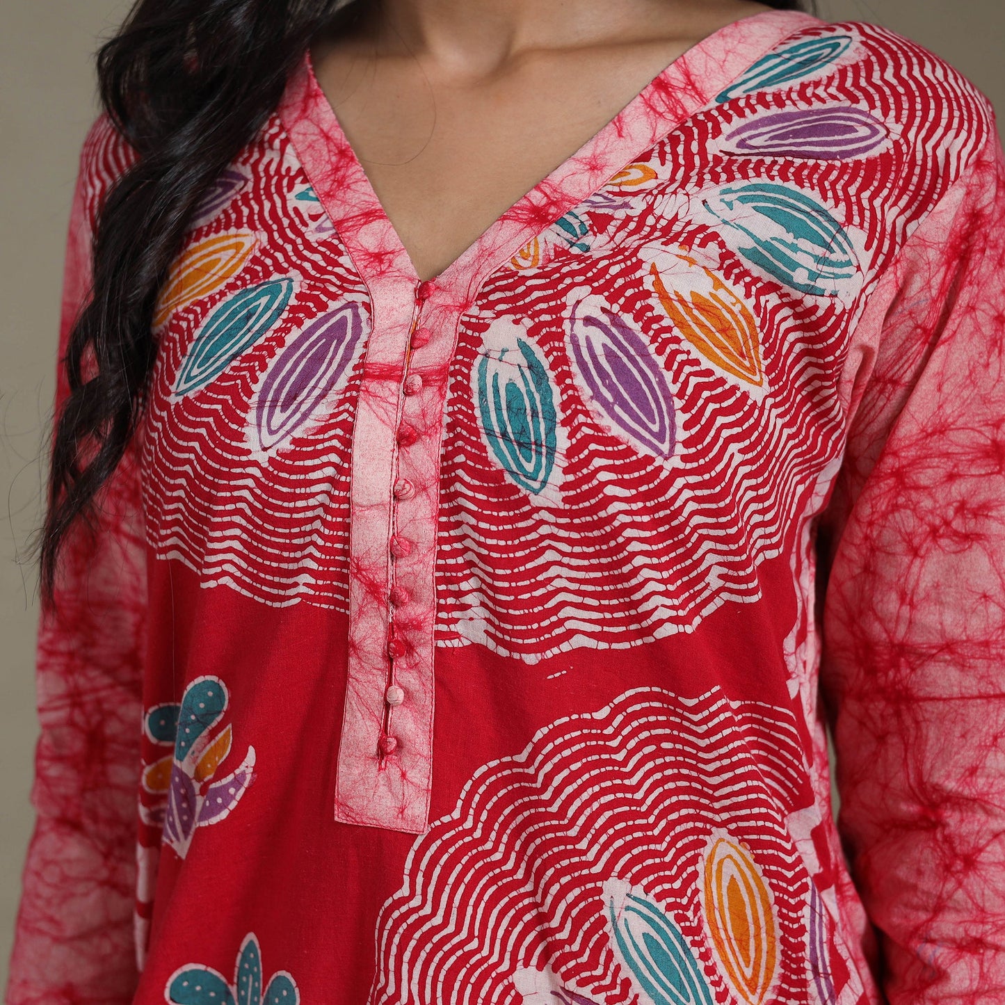 Red Cotton Indonesian Hand Batik Print Kurta Set (Set of 3)