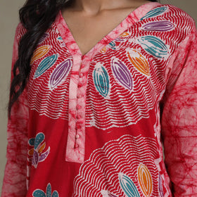 Red Cotton Indonesian Hand Batik Print Kurta Set (Set of 3)