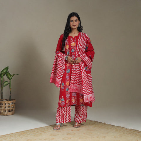 Red Cotton Indonesian Hand Batik Print Kurta Set (Set of 3)