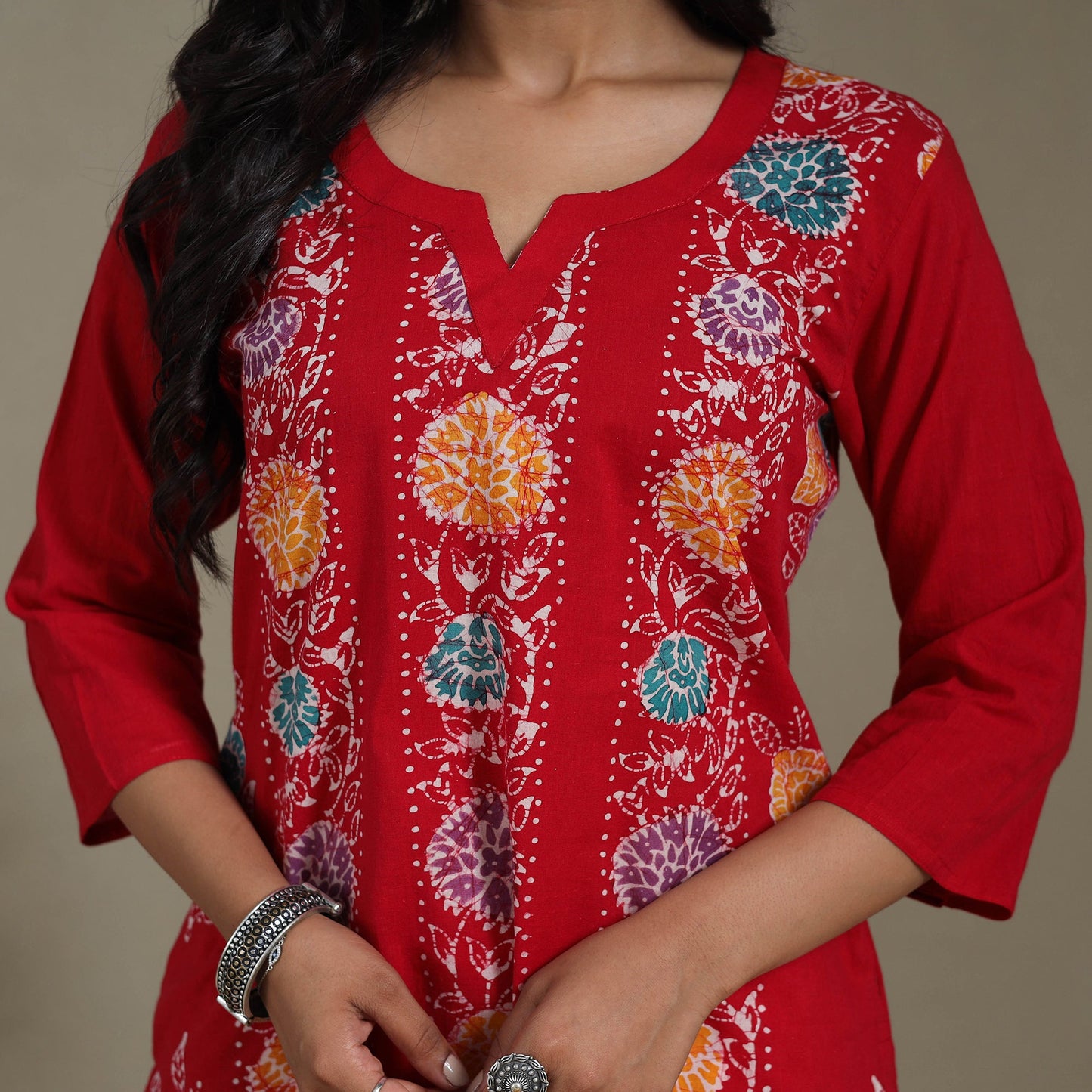 Red Cotton Indonesian Hand Batik Print Kurta Set (Set of 3)