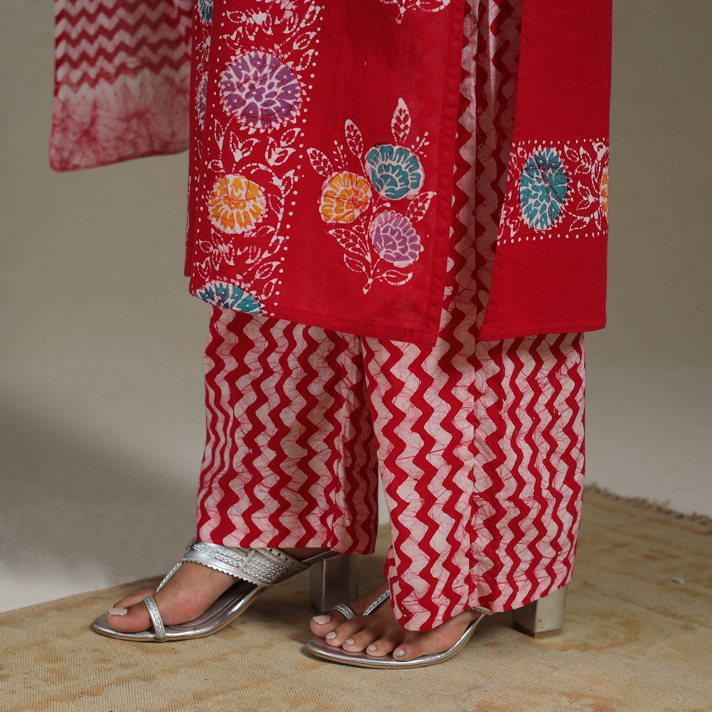 Red Cotton Indonesian Hand Batik Print Kurta Set (Set of 3)