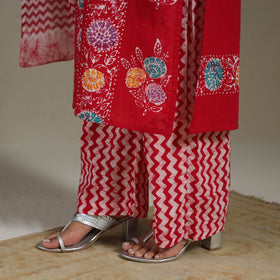 Red Cotton Indonesian Hand Batik Print Kurta Set (Set of 3)