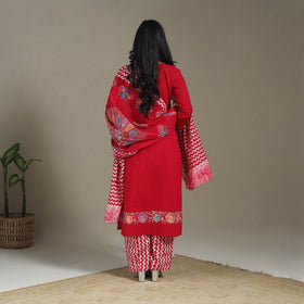 Red Cotton Indonesian Hand Batik Print Kurta Set (Set of 3)