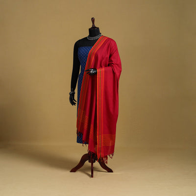 Red - cotton jacquard dupatta with thread border 12