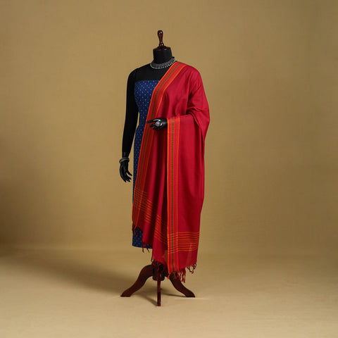 Red - cotton jacquard dupatta with thread border 12