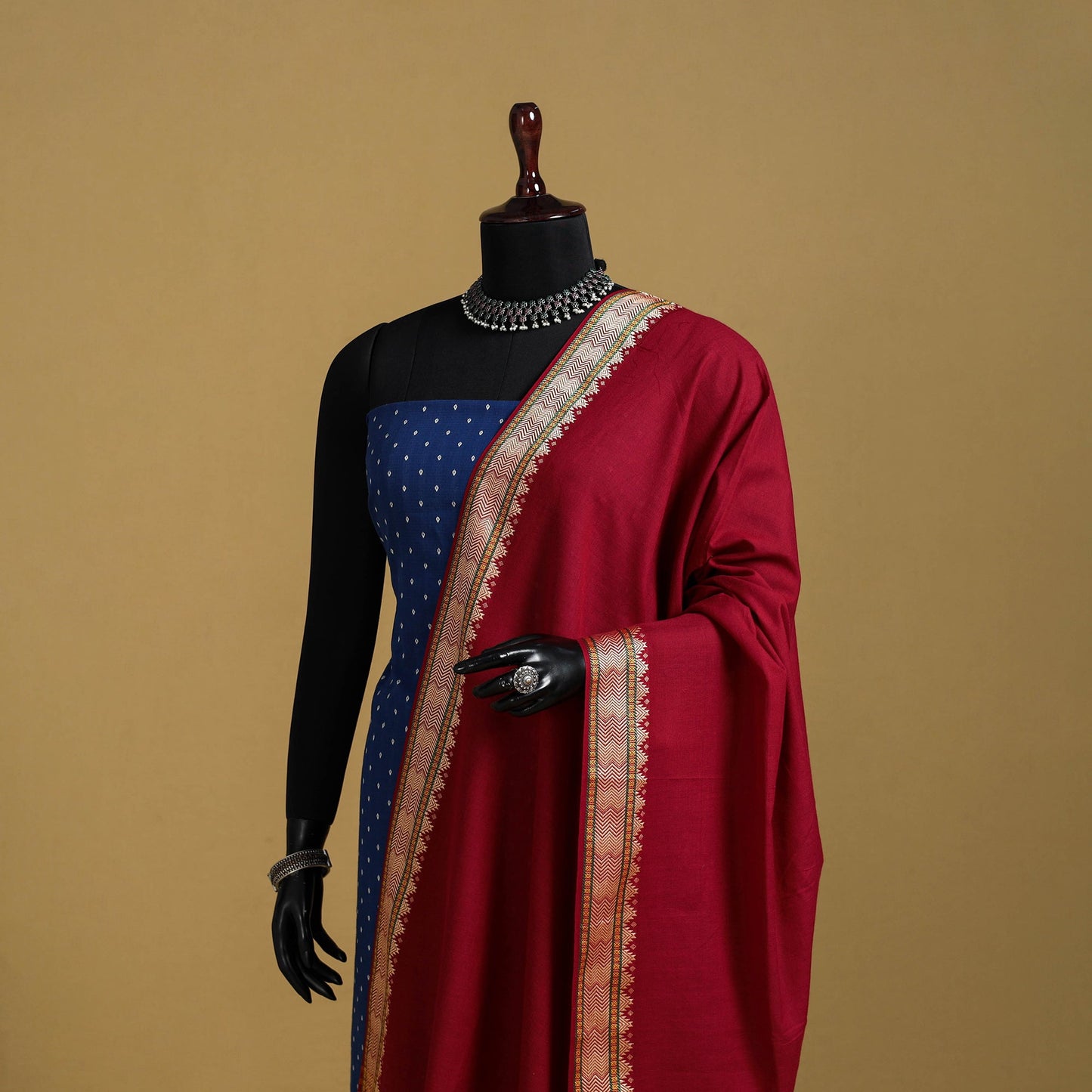 Red - cotton jacquard dupatta with thread border 15