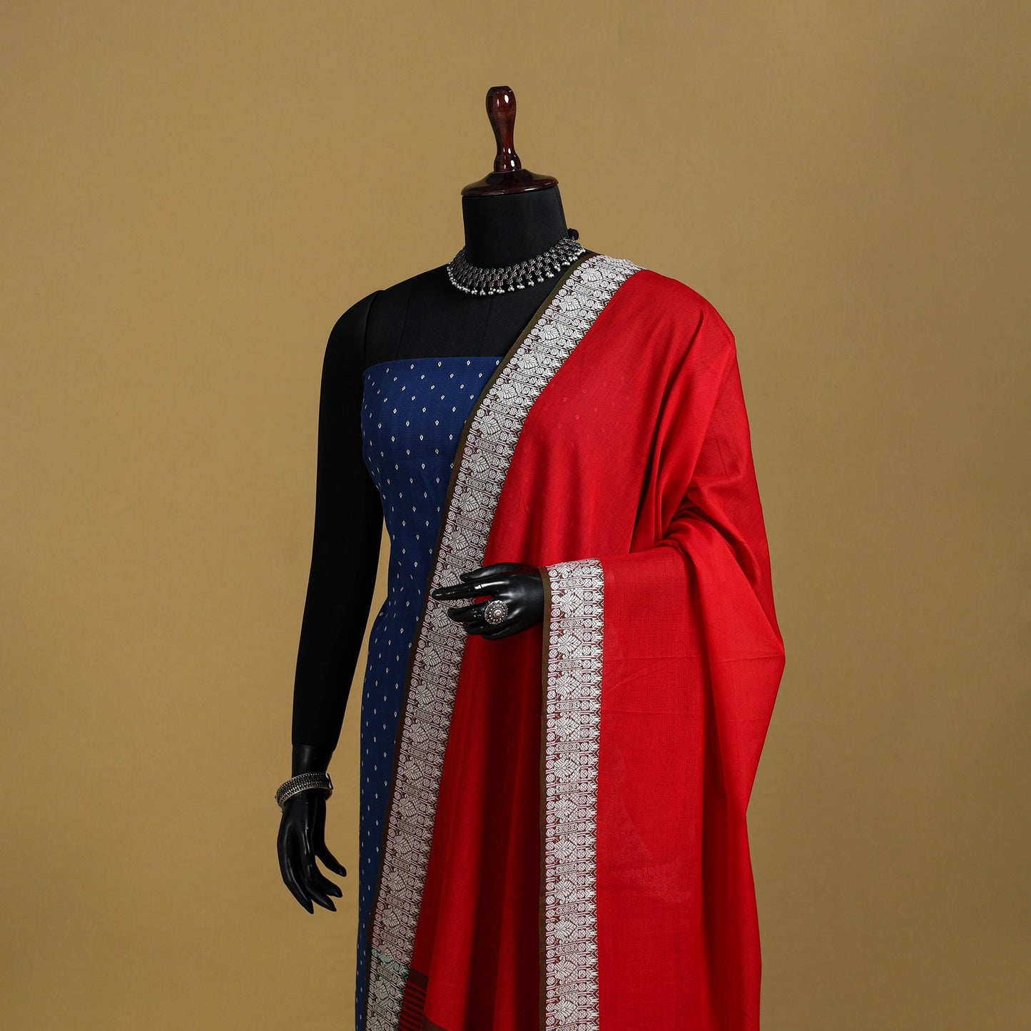 Red - cotton jacquard dupatta with thread border 31