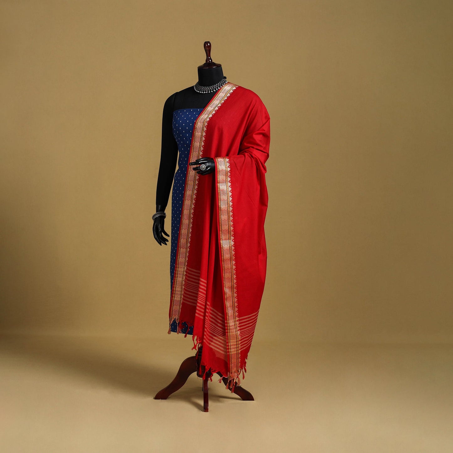 Red - cotton jacquard dupatta with thread border 39