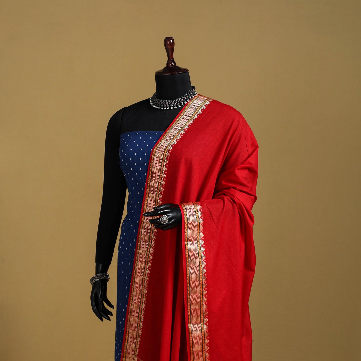 Red - cotton jacquard dupatta with thread border 39