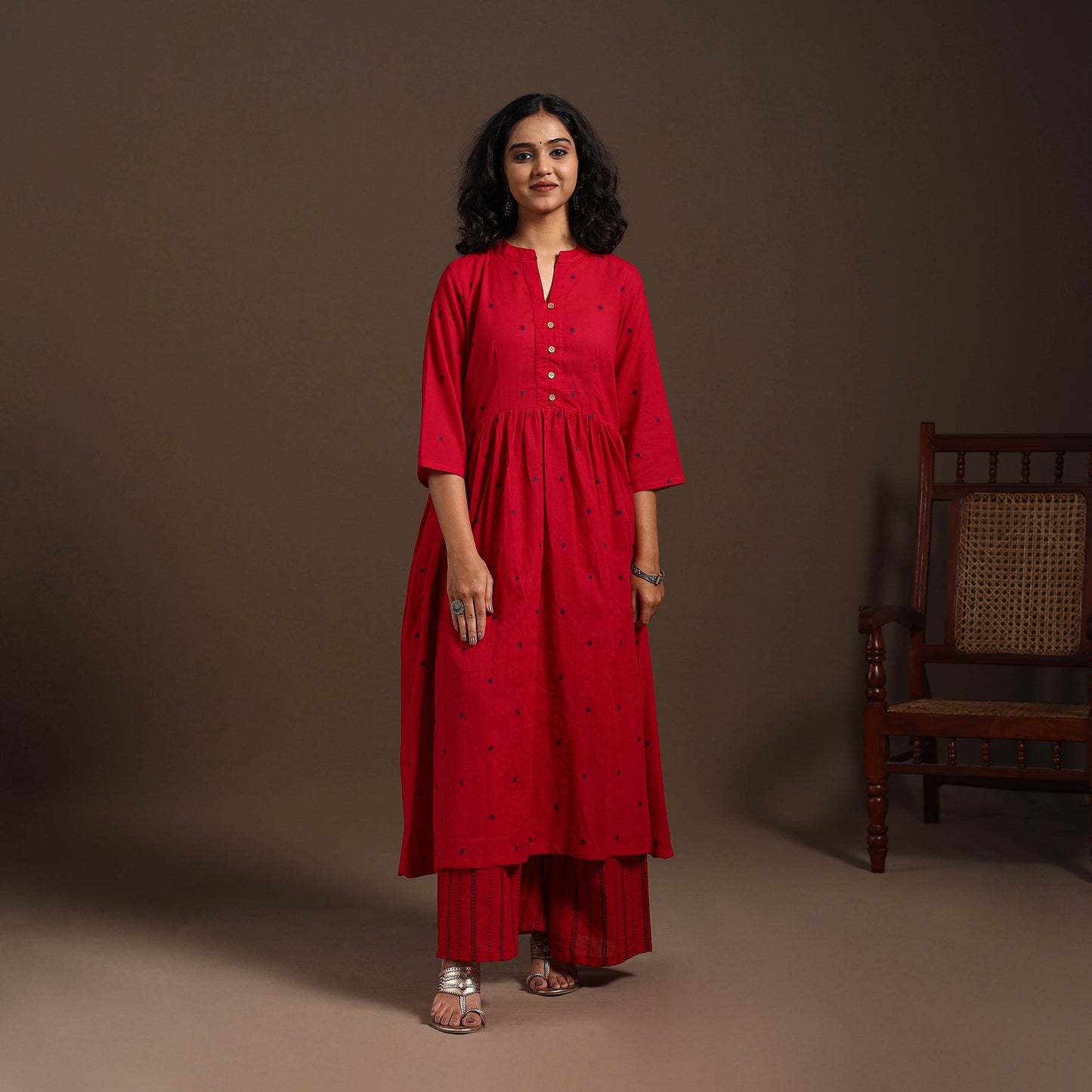Red - cotton jacquard kurta set (set of 2) 03 - handcrafted