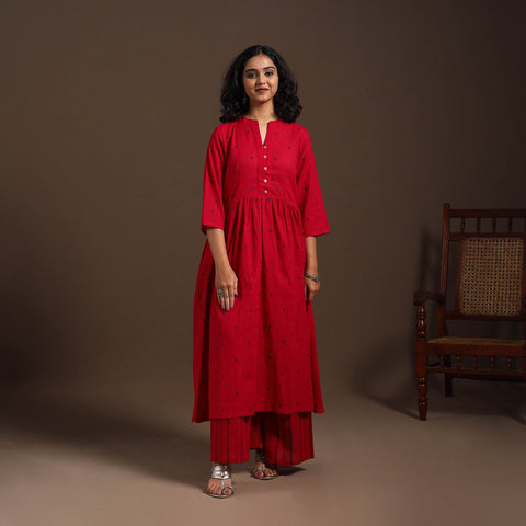 Red - cotton jacquard kurta set (set of 2) 03 - handcrafted