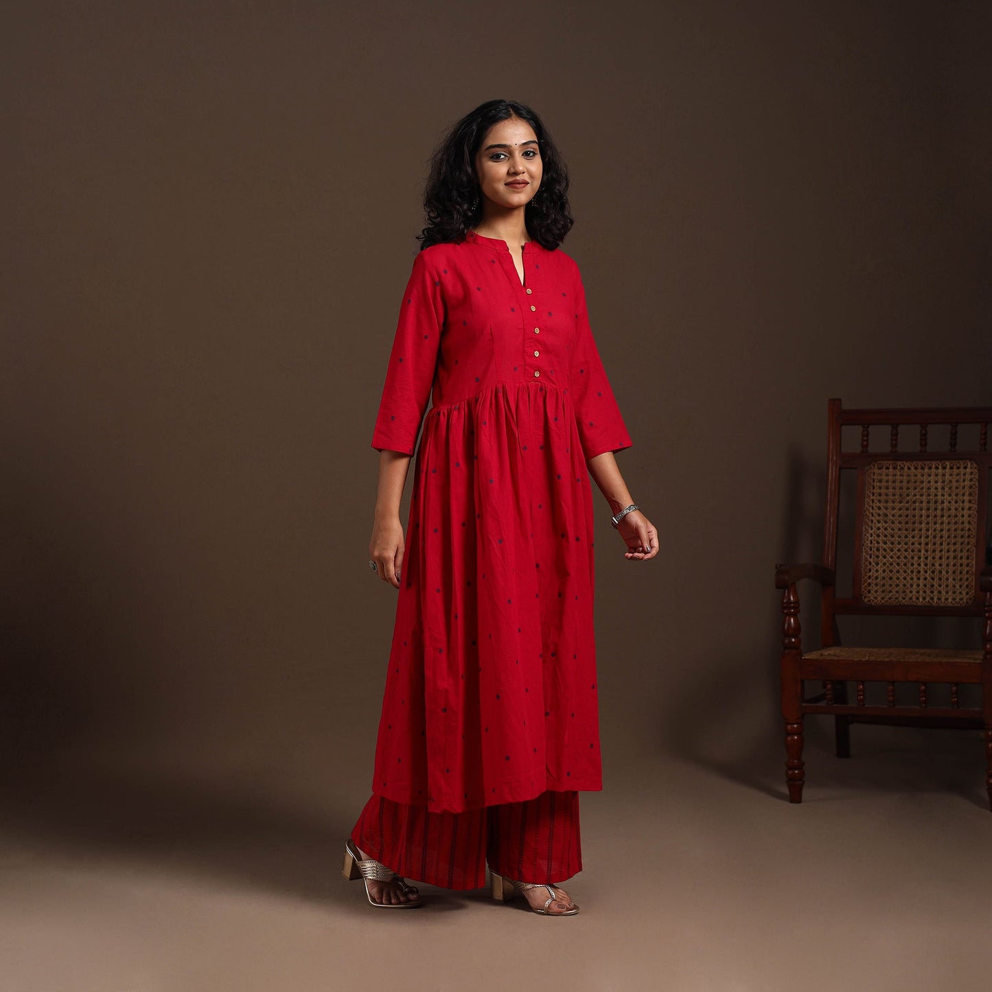 Red - cotton jacquard kurta set (set of 2) 03 - handcrafted