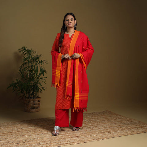 Red - cotton jacquard kurta set (set of 3) 14 - handcrafted