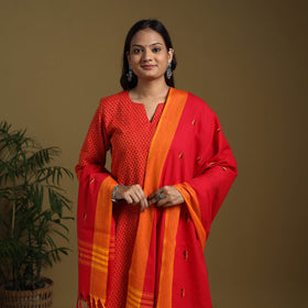 Red - cotton jacquard kurta set (set of 3) 14 - handcrafted