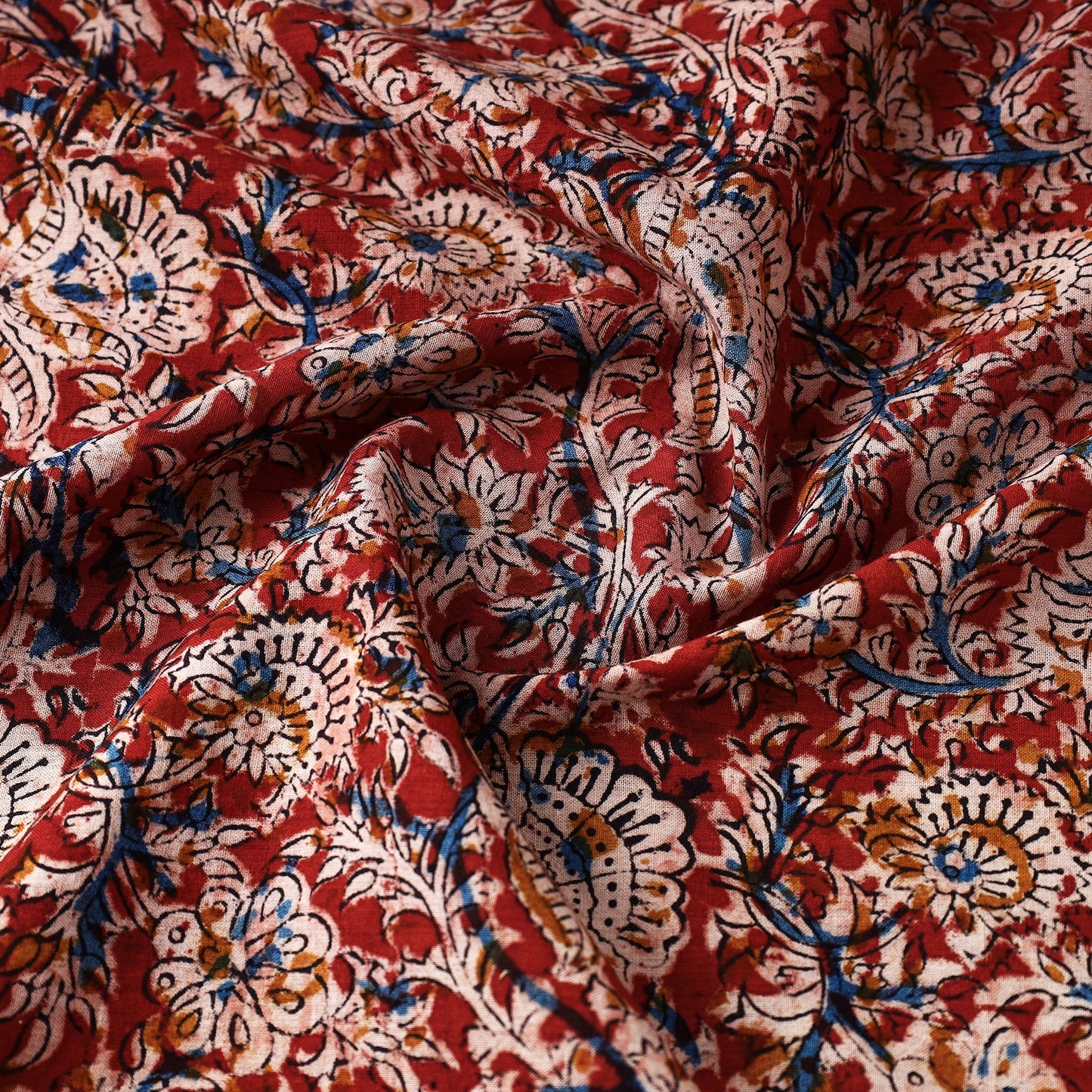 Black Block Print Cotton Kalamkari Fabric 