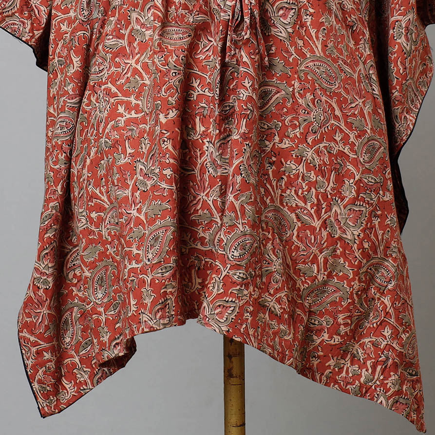 Red Block Print Cotton Kalamkari Kaftan with Tie-Up Waist (Short)