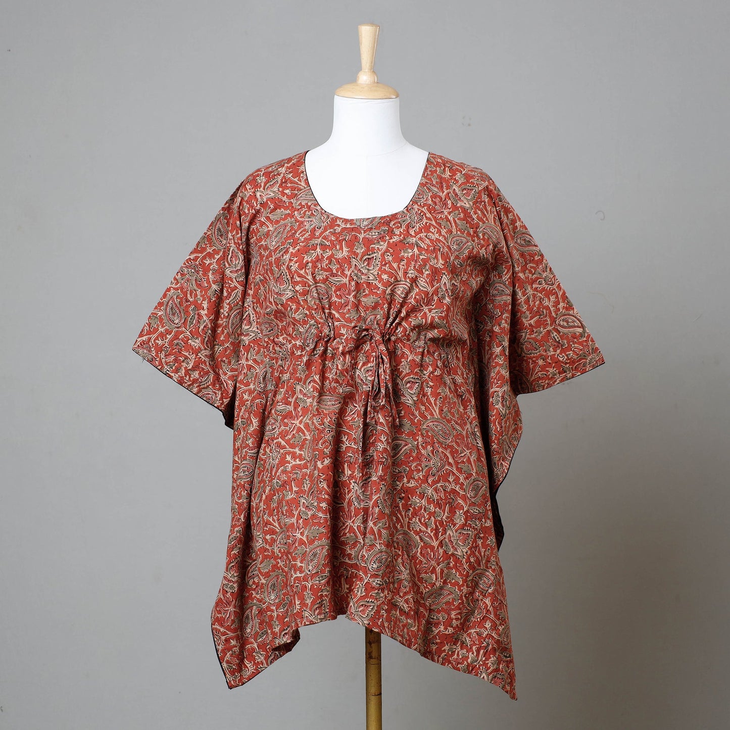 Red Block Print Cotton Kalamkari Kaftan with Tie-Up Waist (Short)