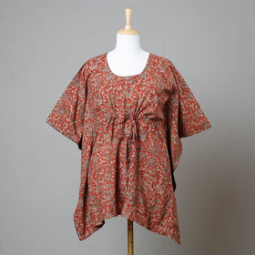Red Block Print Cotton Kalamkari Kaftan with Tie-Up Waist (Short)