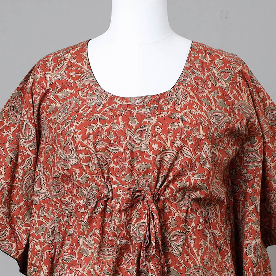 Red Block Print Cotton Kalamkari Kaftan with Tie-Up Waist (Short)