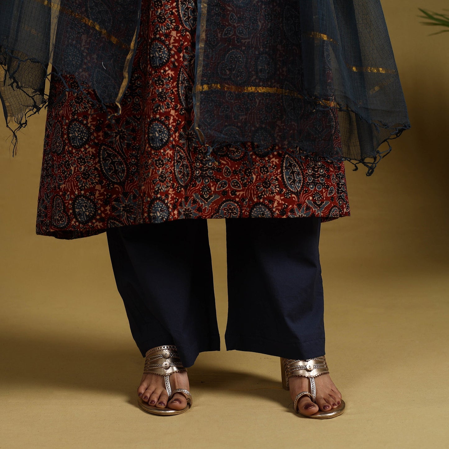 Red Block Print Cotton Ajrakh Kurta Set with Dupatta 