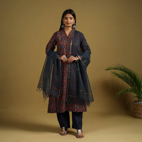 Red Block Print Cotton Ajrakh Kurta Set with Dupatta 