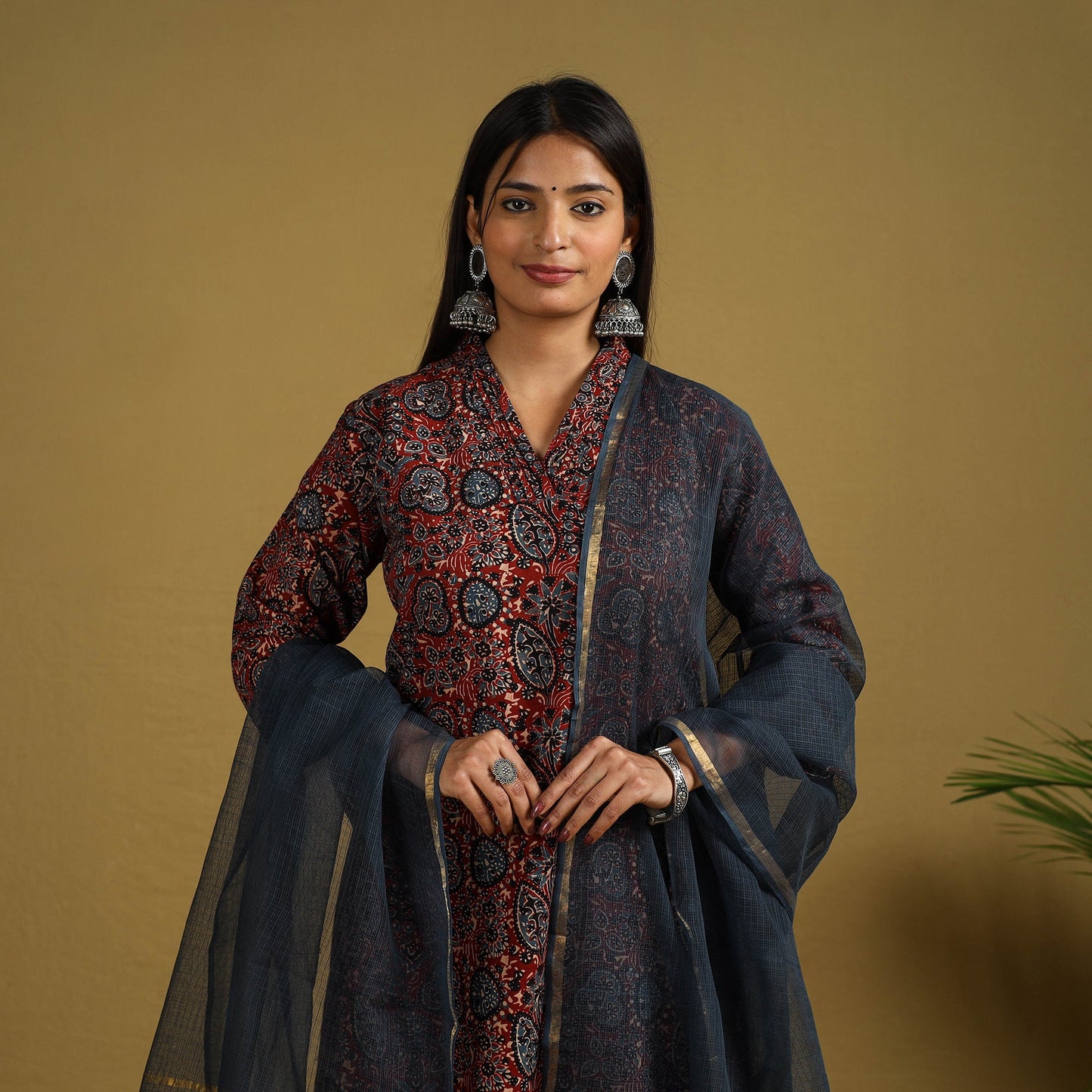 Red Block Print Cotton Ajrakh Kurta Set with Dupatta 