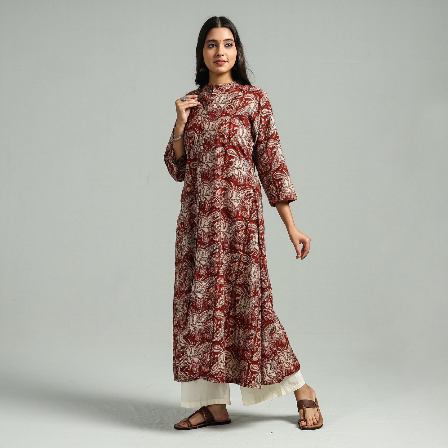 Red Block Print Cotton A-Line Kalamkari Kurta
