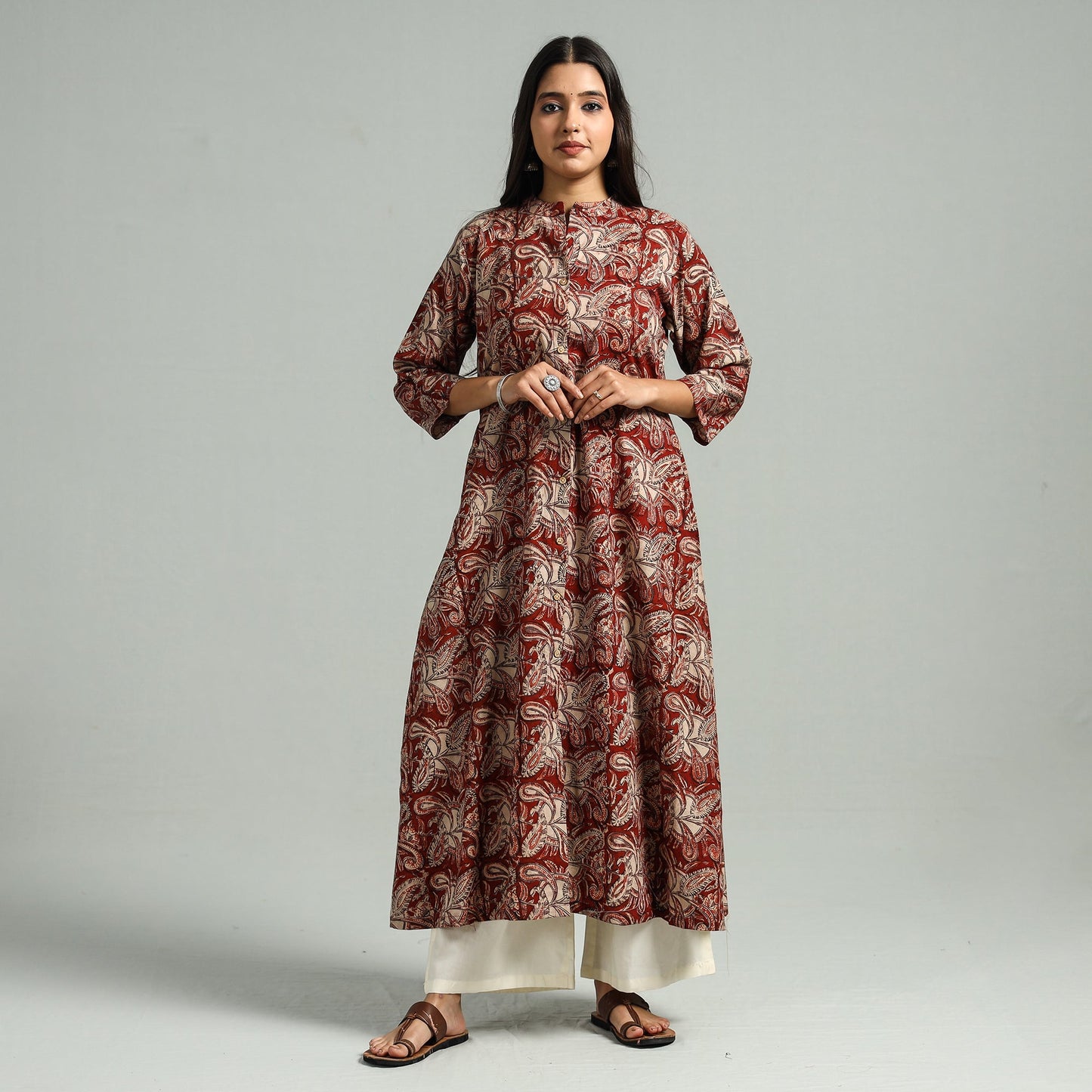 Red Block Print Cotton A-Line Kalamkari Kurta