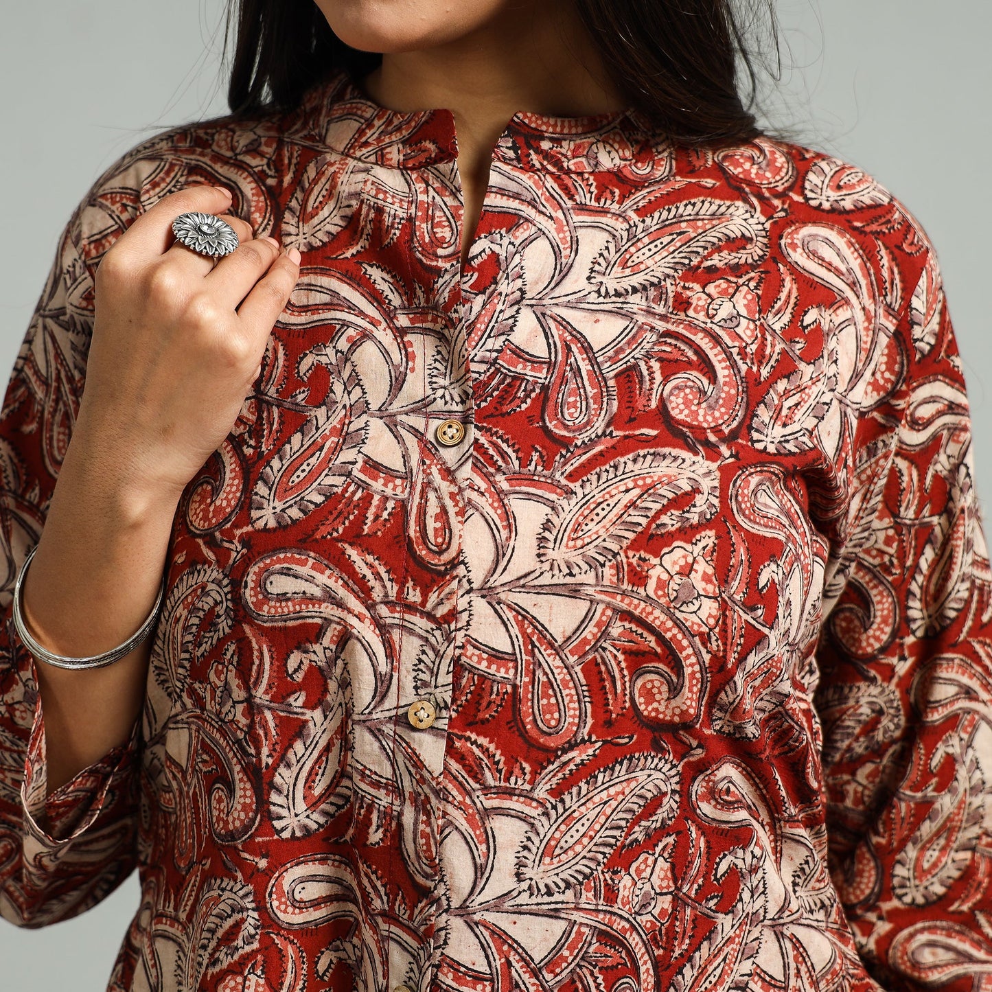 Red Block Print Cotton A-Line Kalamkari Kurta