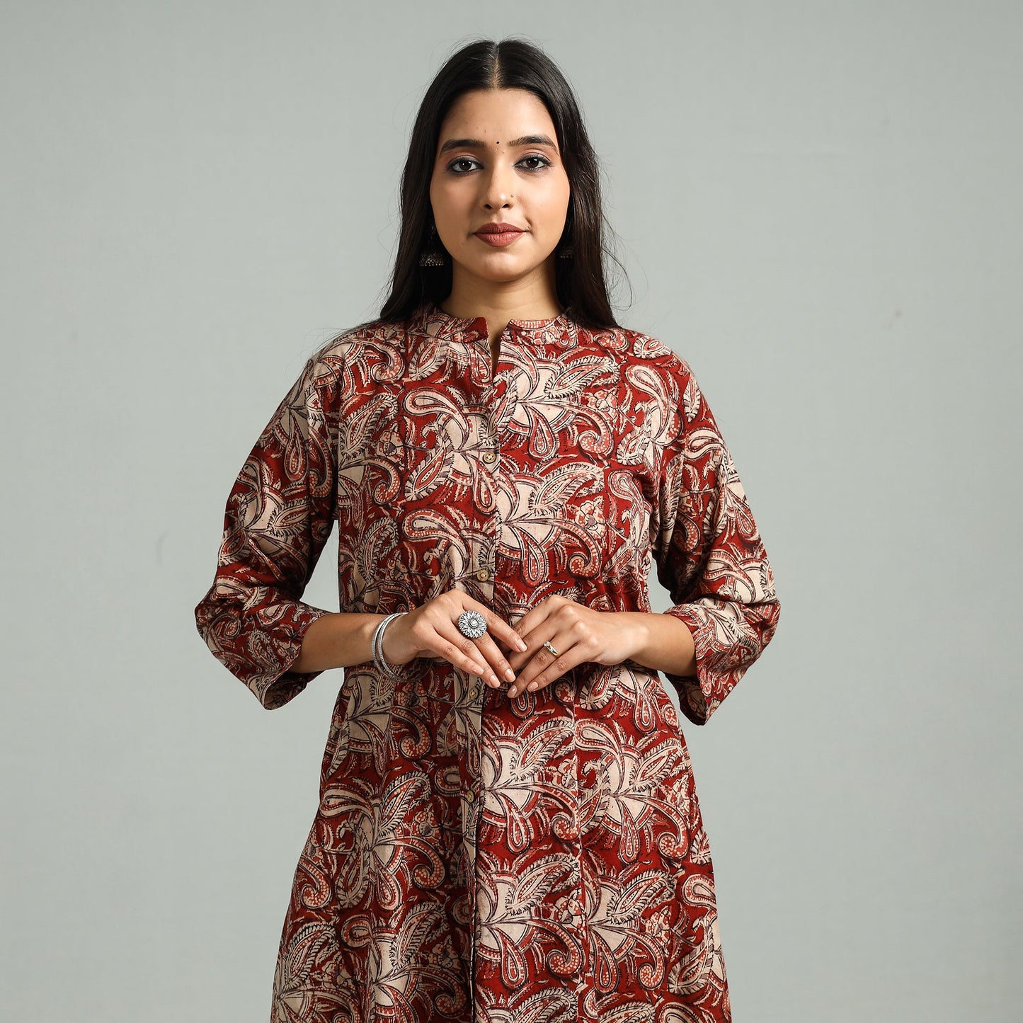 Red Block Print Cotton A-Line Kalamkari Kurta