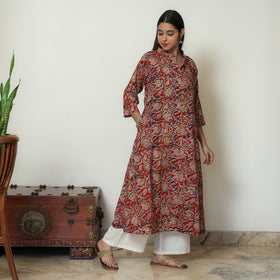  Red Block Print Cotton A-Line Kalamkari Kurta for Women