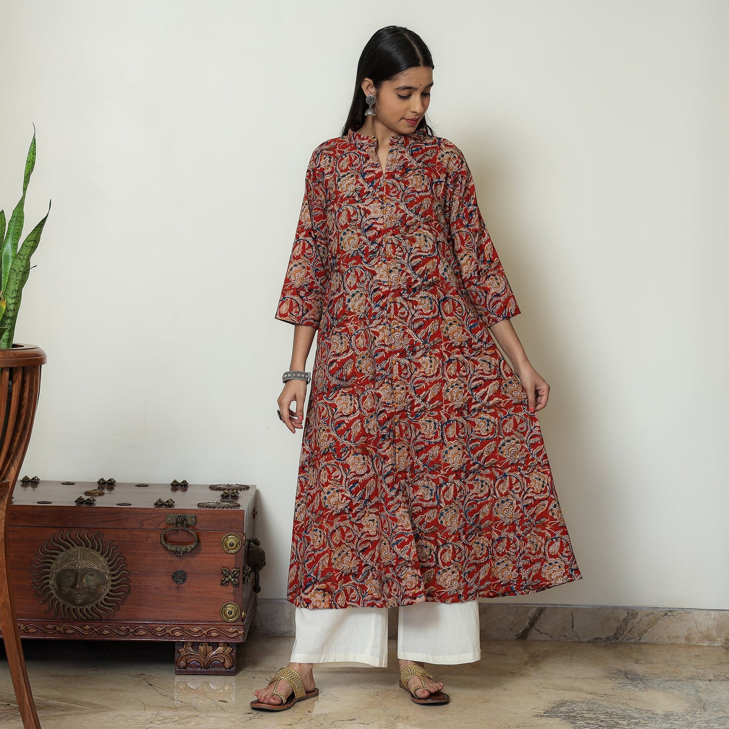  Red Block Print Cotton A-Line Kalamkari Kurta for Women