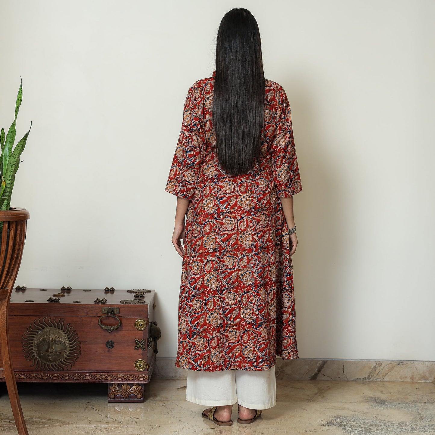  Red Block Print Cotton A-Line Kalamkari Kurta for Women