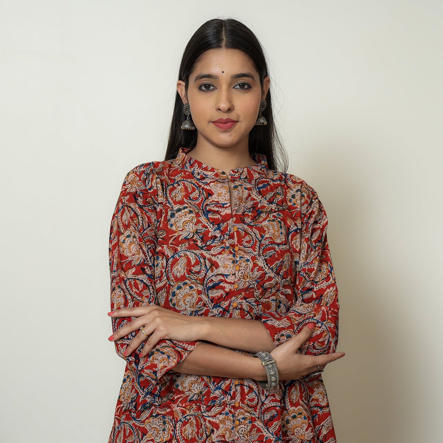  Red Block Print Cotton A-Line Kalamkari Kurta for Women