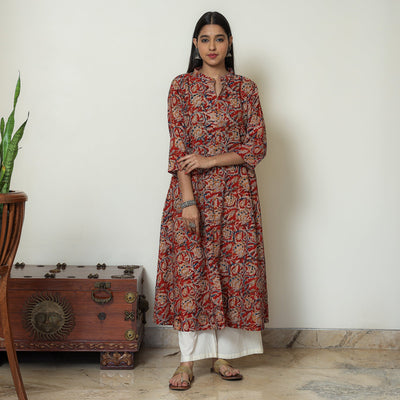  Red Block Print Cotton A-Line Kalamkari Kurta for Women