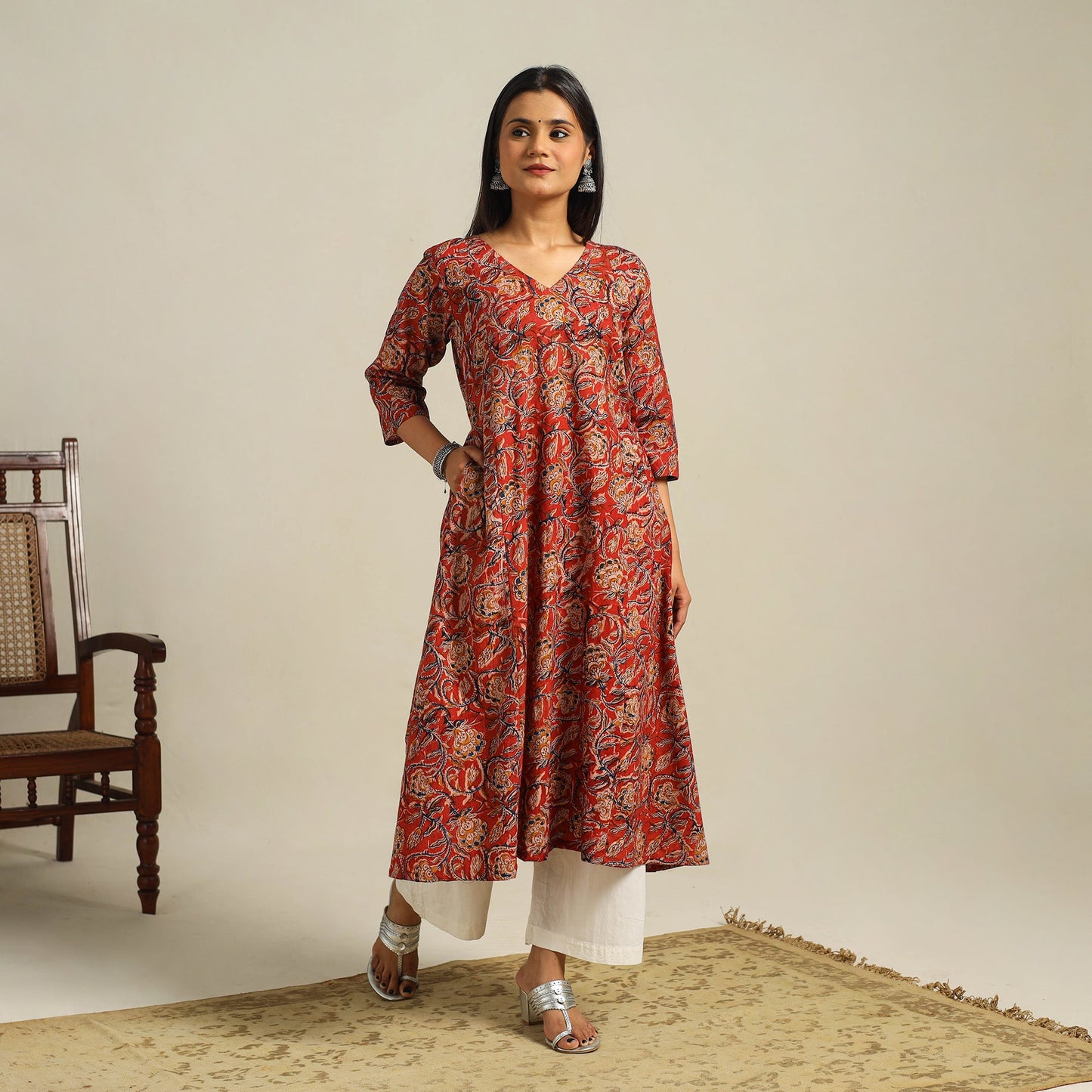  Red Block Print Cotton A-Line Kalamkari Kurta For Women