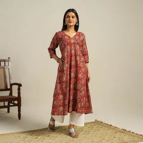  Red Block Print Cotton A-Line Kalamkari Kurta For Women