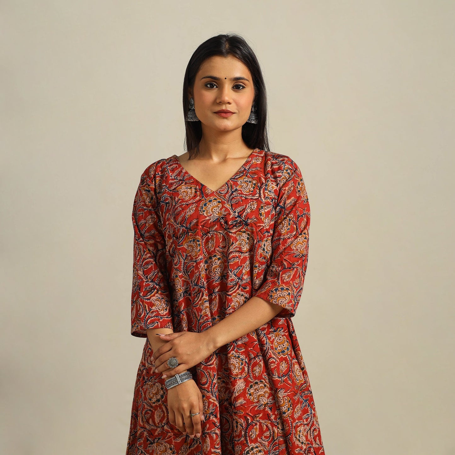  Red Block Print Cotton A-Line Kalamkari Kurta For Women