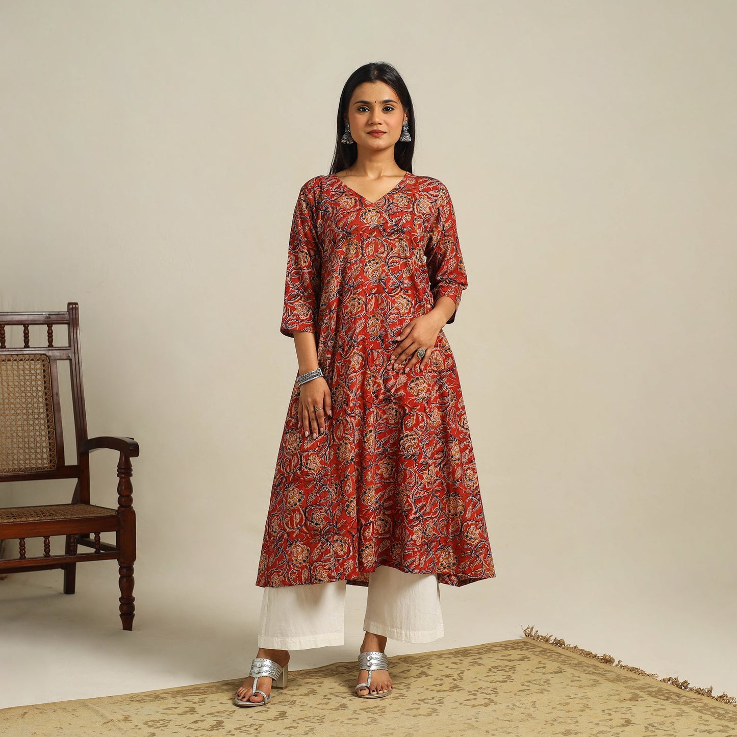  Red Block Print Cotton A-Line Kalamkari Kurta For Women