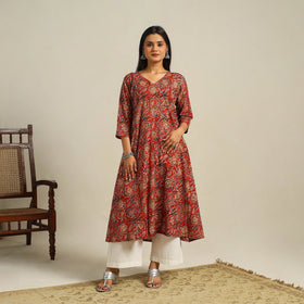  Red Block Print Cotton A-Line Kalamkari Kurta For Women