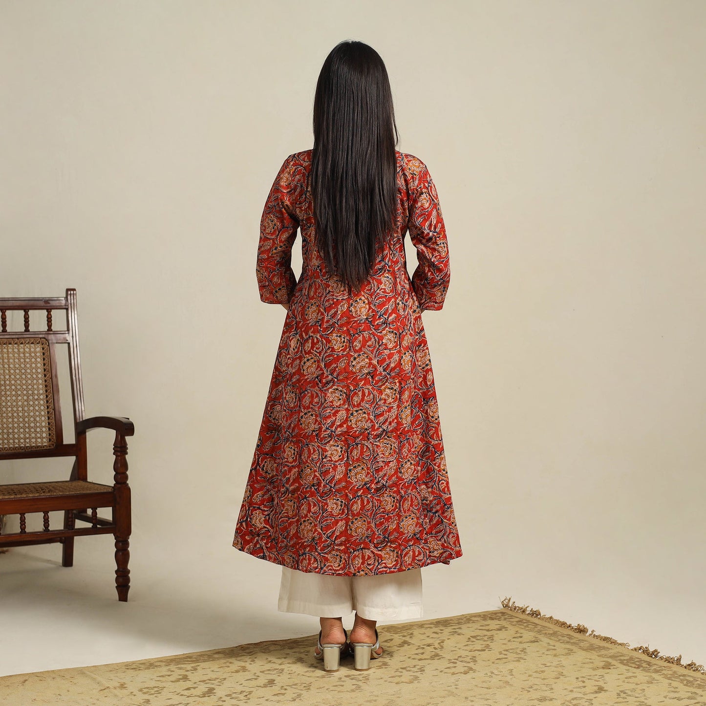  Red Block Print Cotton A-Line Kalamkari Kurta For Women