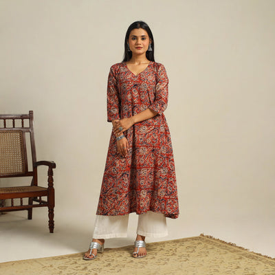  Red Block Print Cotton A-Line Kalamkari Kurta For Women