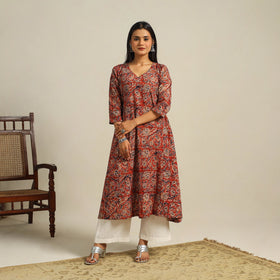  Red Block Print Cotton A-Line Kalamkari Kurta For Women