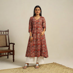  Red Block Print Cotton A-Line Kalamkari Kurta For Women