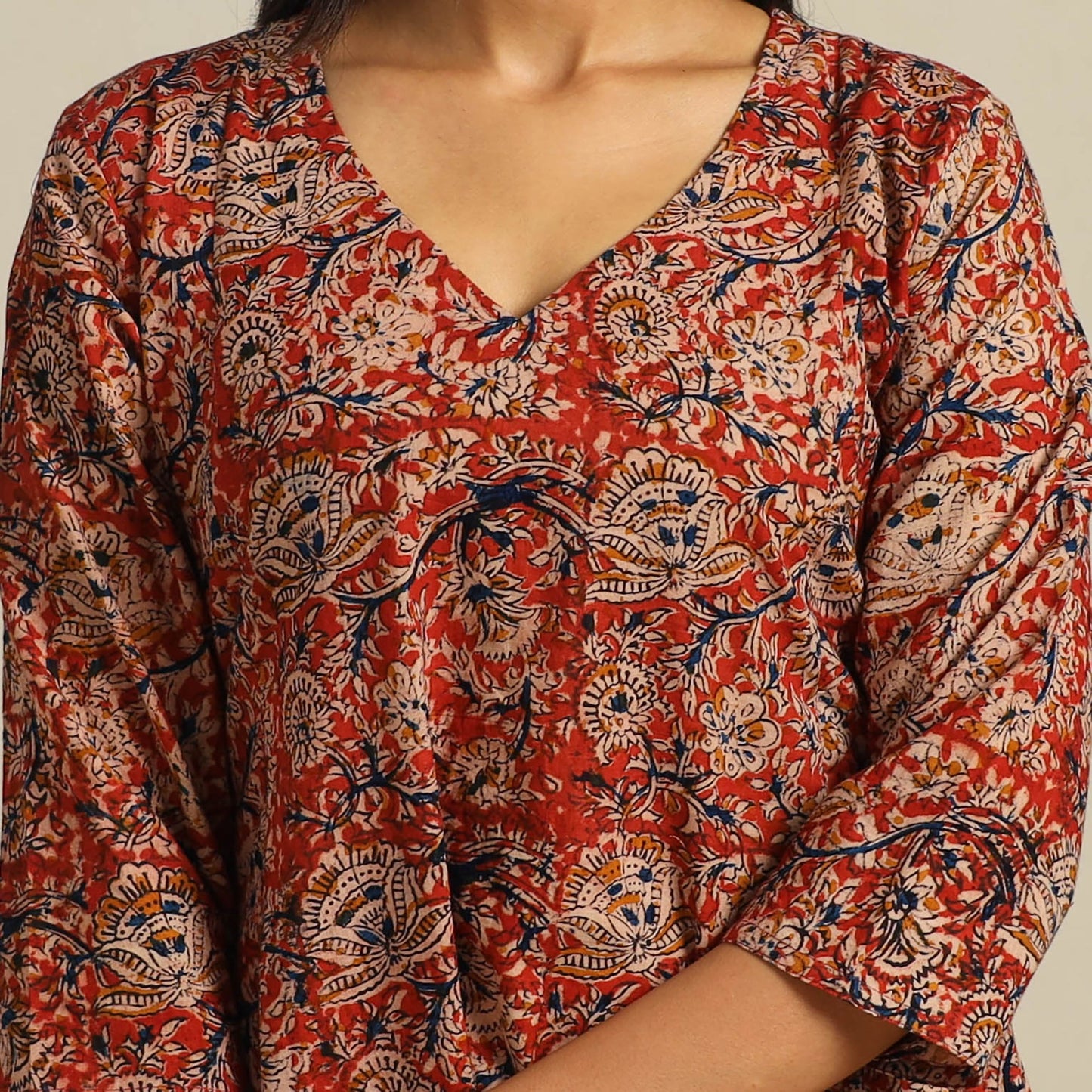  Red Block Print Cotton A-Line Kalamkari Kurta For Women